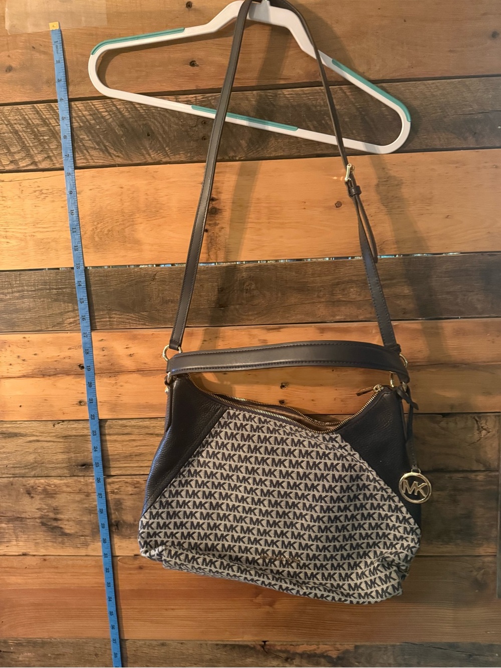 Michael Kors Dark Navy and Beige MK Logo Shoulder Bag with Gold Hardware